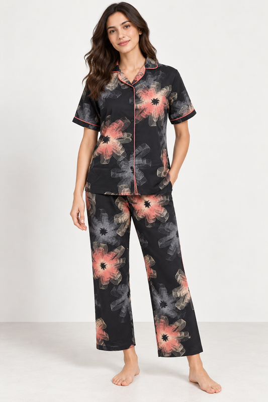 Black Floral Printed Front-Open Nightsuit