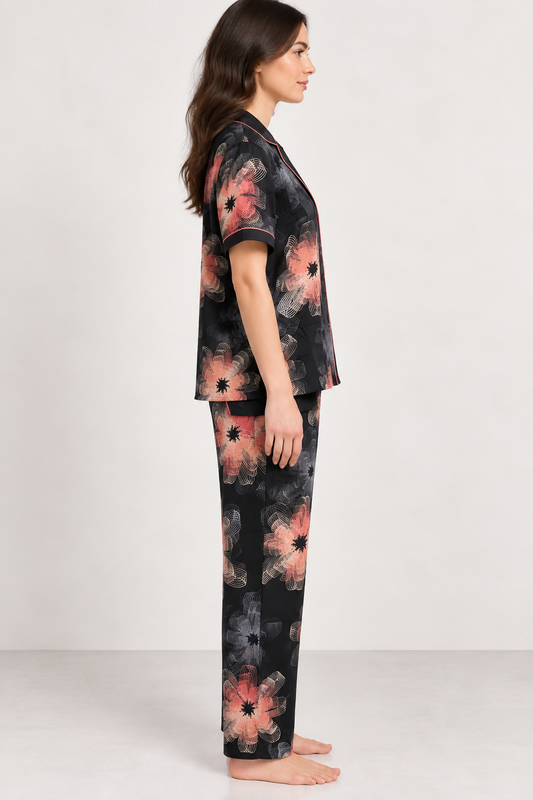 Black Floral Printed Front-Open Nightsuit